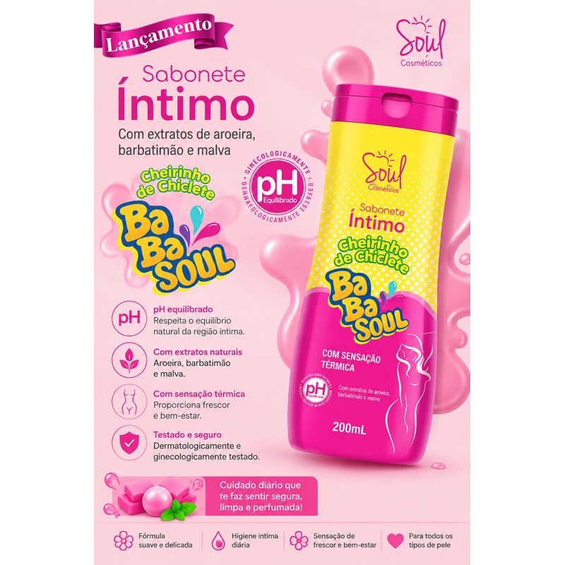 Kit 5 Sabonetes Íntimos Soul Cosméticos BaBa Soul 200ml – Cheirinho de Chiclete — imagem 2 de 2