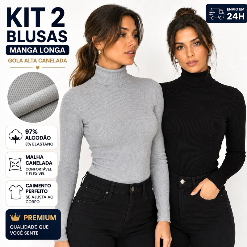 Kit 2 Blusa Feminina De Inverno Canelada Gola Alta Manga Longa Justa Básica Confortável Segunda Pele
