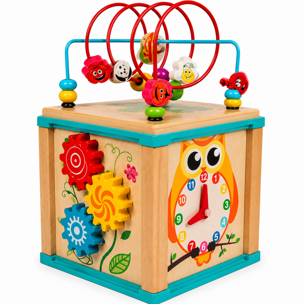 Cubo Atividades Brinquedo Montessori Madeira 5 Em 1 Labirinto Relógio Engrenagens Emoções