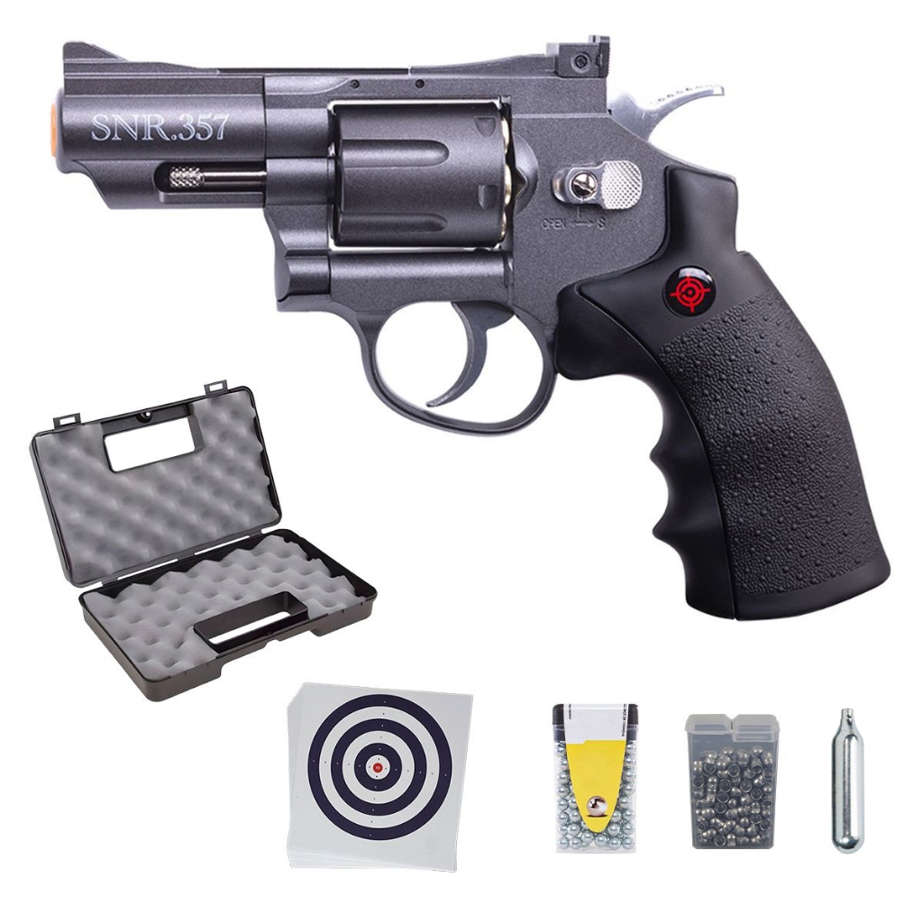 Revólver de Pressão Co2 SNR357 Full Metal Black 4.5mm – Crosman + Maleta + Alvo + Cilindro + Esfera + Chumbo