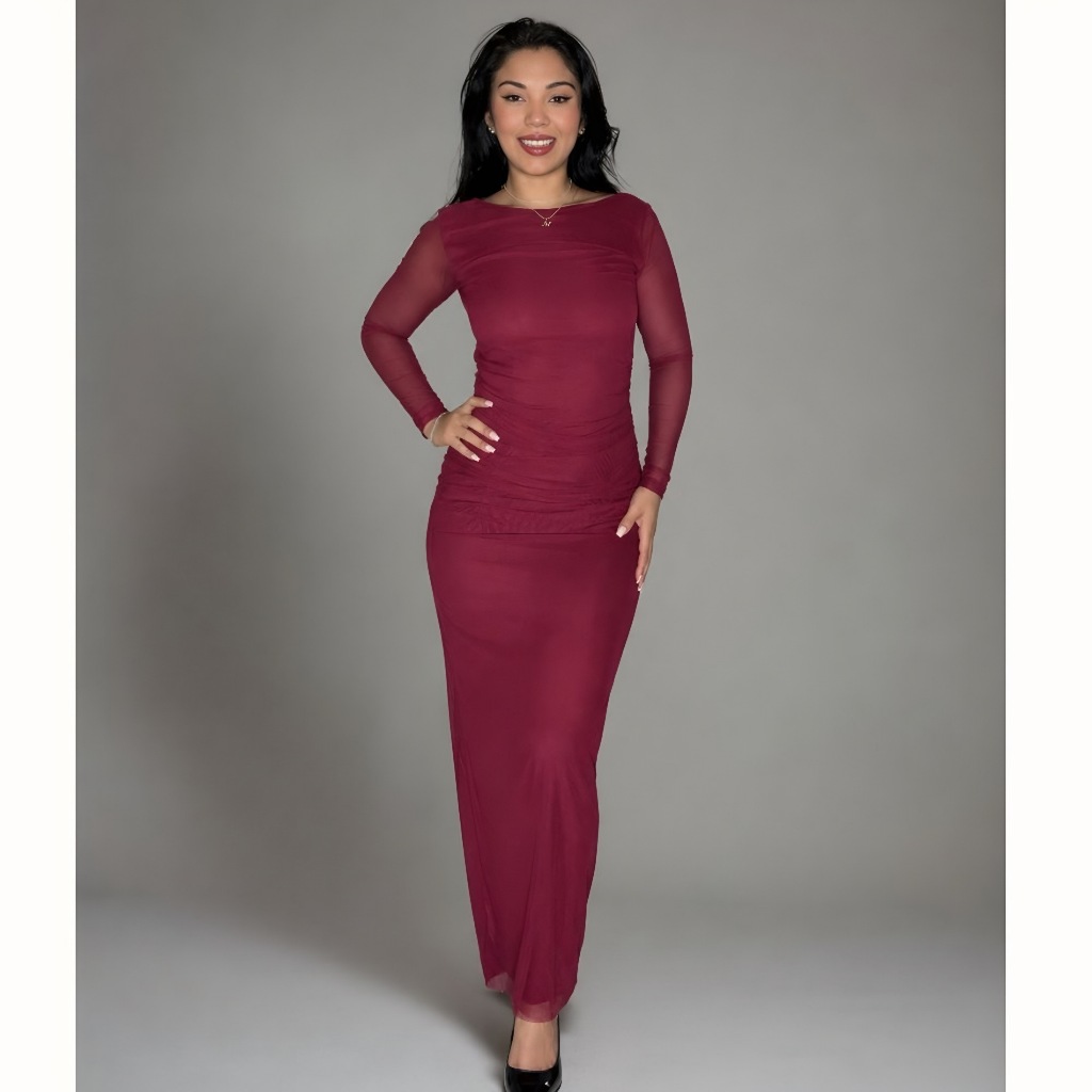 Vestido Tule Manga Longa Bordô Midi Franzido Costas Nua 🟨