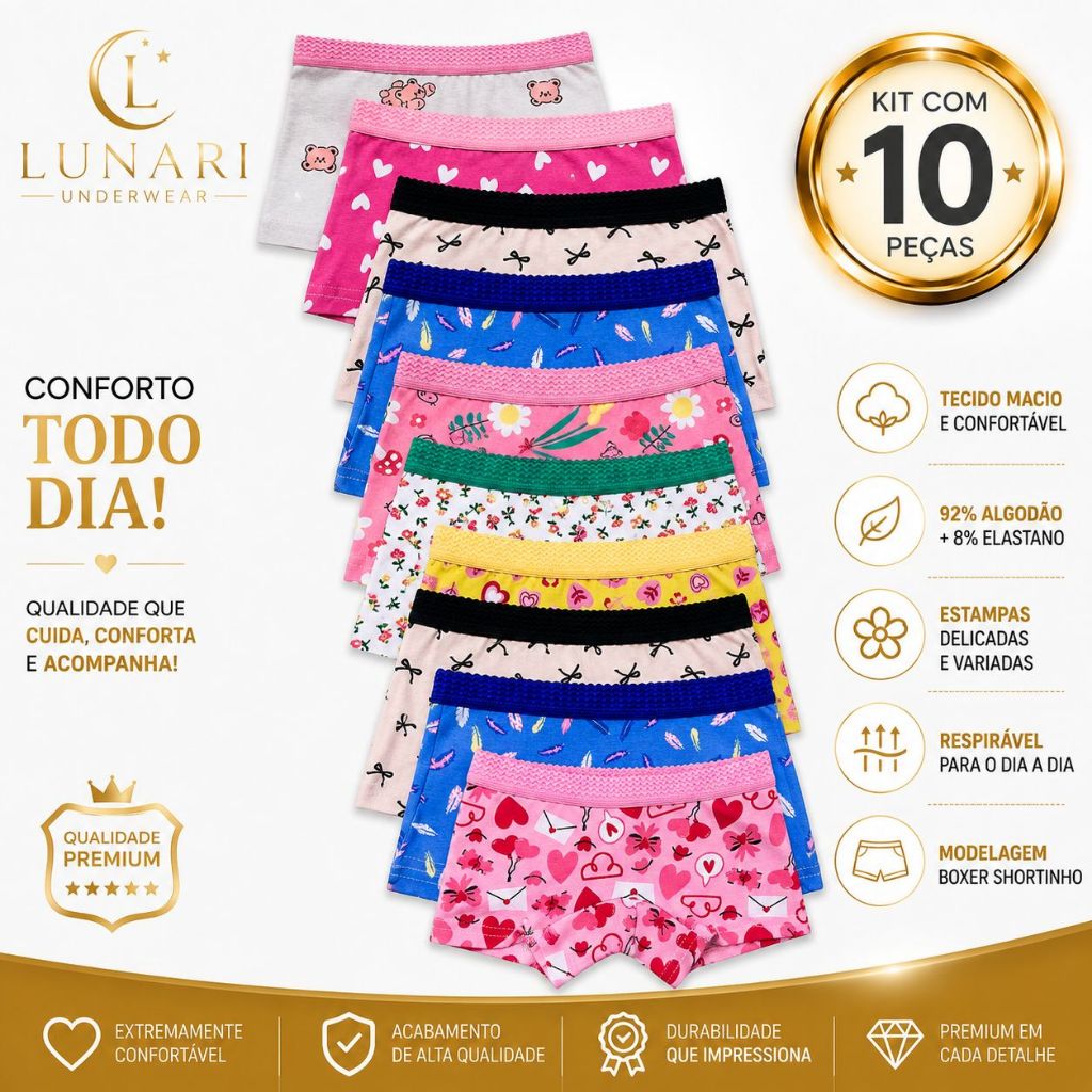 Kit 10 Calcinha Box Boxer Shortinho Infantil Menina Algodão Estampas Sortidas