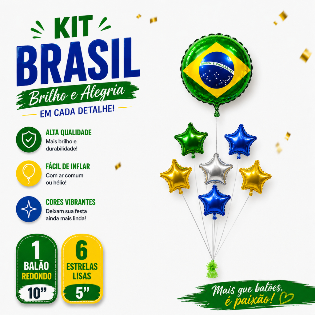 Kit 7 Balões Metalizados Bola Brasil 10 pol Estrela 5 pol Verde Amarela Azul Prata Decoração Festa Copa Brasil