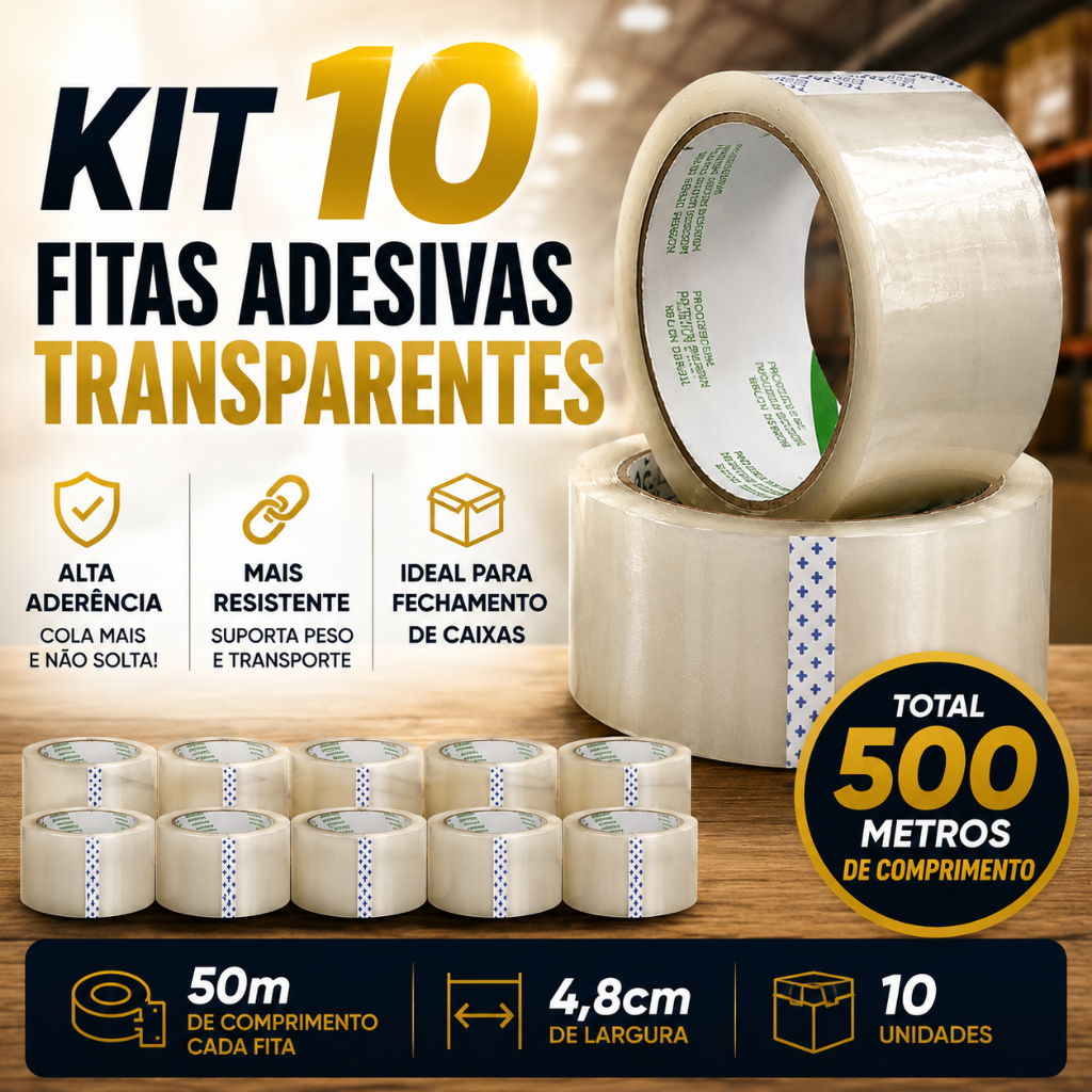 Kit 10 Fita Adesiva Tectape Transparente 50m x 4,8cm cada