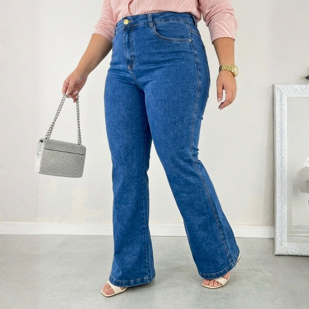 Calça Jeans FLARE PLUS SIZE Cintura Alta 4 Bolsos Lycra Premium Levanta Bumbum