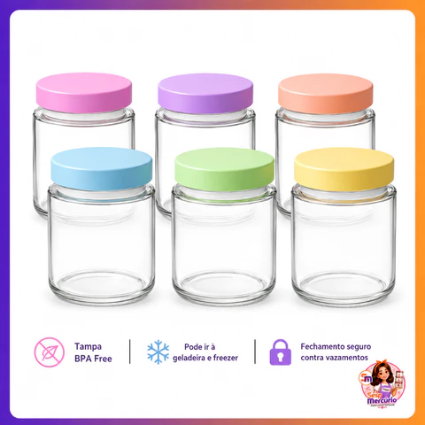Kit 6/12 Potes Vidro 200ml para Leite Materno Papinha Tampa BPA Free Colorida Nadir Figueiredo Belem