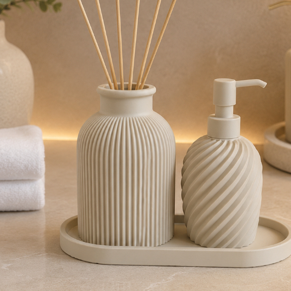 Kit Banheiro Elegance 2 Peças em Impressão 3D | Difusor de Ambiente + Porta Sabonete Líquido Branco Perolado