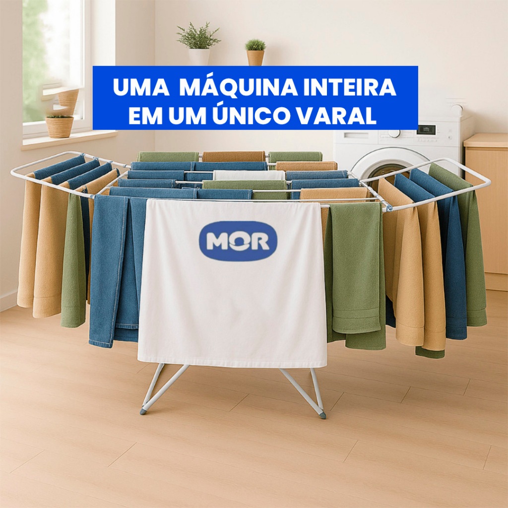 Varal de Chão Grande Maxi MOR com Abas Capacidade 25kg Roupas Úmidas Não Enferruja Dobrável De Aço