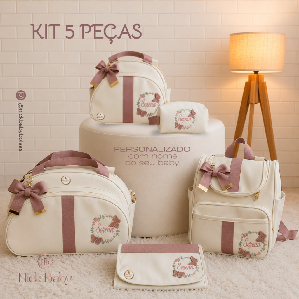 KIT MALA MATERNIDADE COM 5 PEÇAS PERSONALIZADA LUXO. BOLSAS MATERNIDADE PERSONALIZADA COM NOME DO BEBÊ. NICK BABY BOLSAS