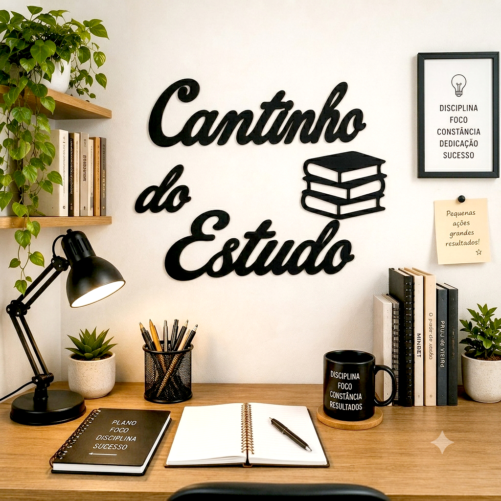 Kit Cantinho Do Estudo Livro Aplique Decorativo Escola Sala de aula Biblioteca Leitura Quarto Decoração 4 peças em MDF