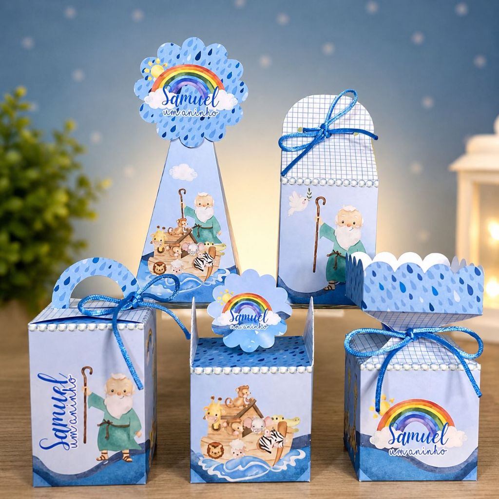 Kit Festa Arca de Noé Aquarelada Azul PEGUE E MONTE - Caixinhas personalizadas - Lembrancinhas para aniversário infantil