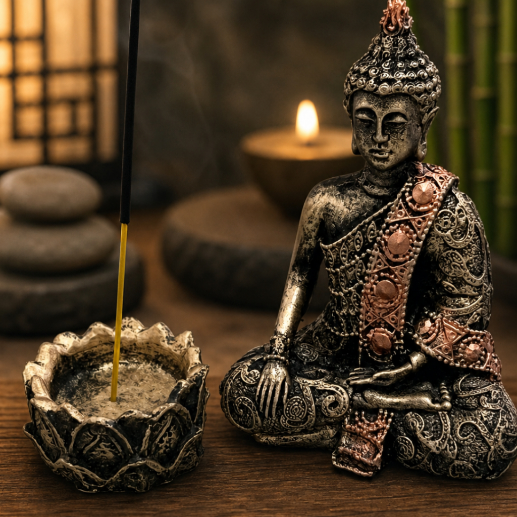 Imagem Buda Meditando Estátua Resina + 4 Incensário Enfeite Altar Zen