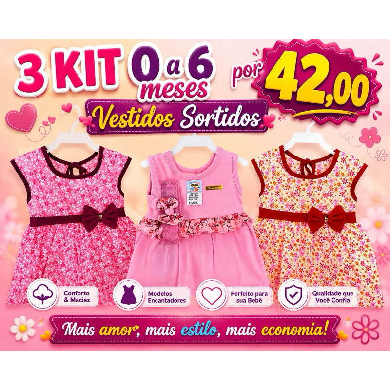 Kit 3 Vestidos Sortidos Bebê Rn Estampado Menina Confortável Várias Cores