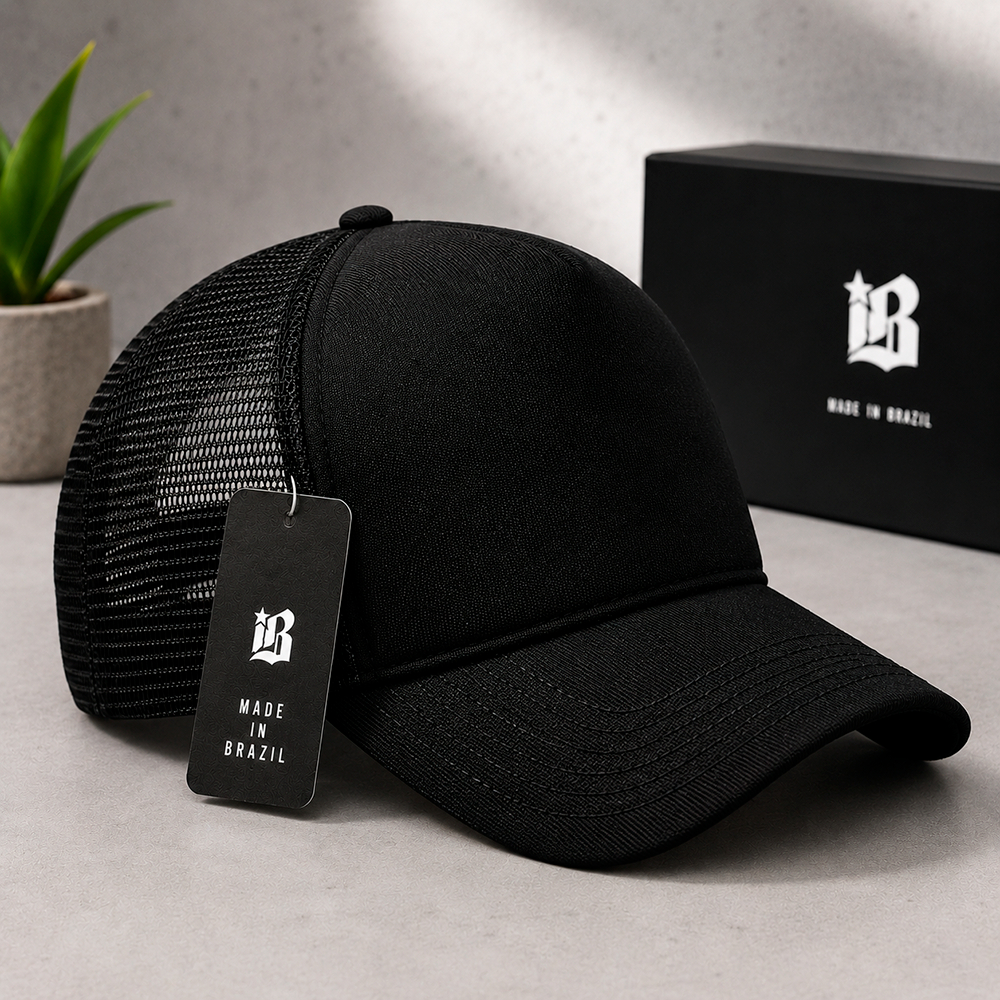 Boné Trucker Preto Liso Aba Curva Tela Respirável Unissex