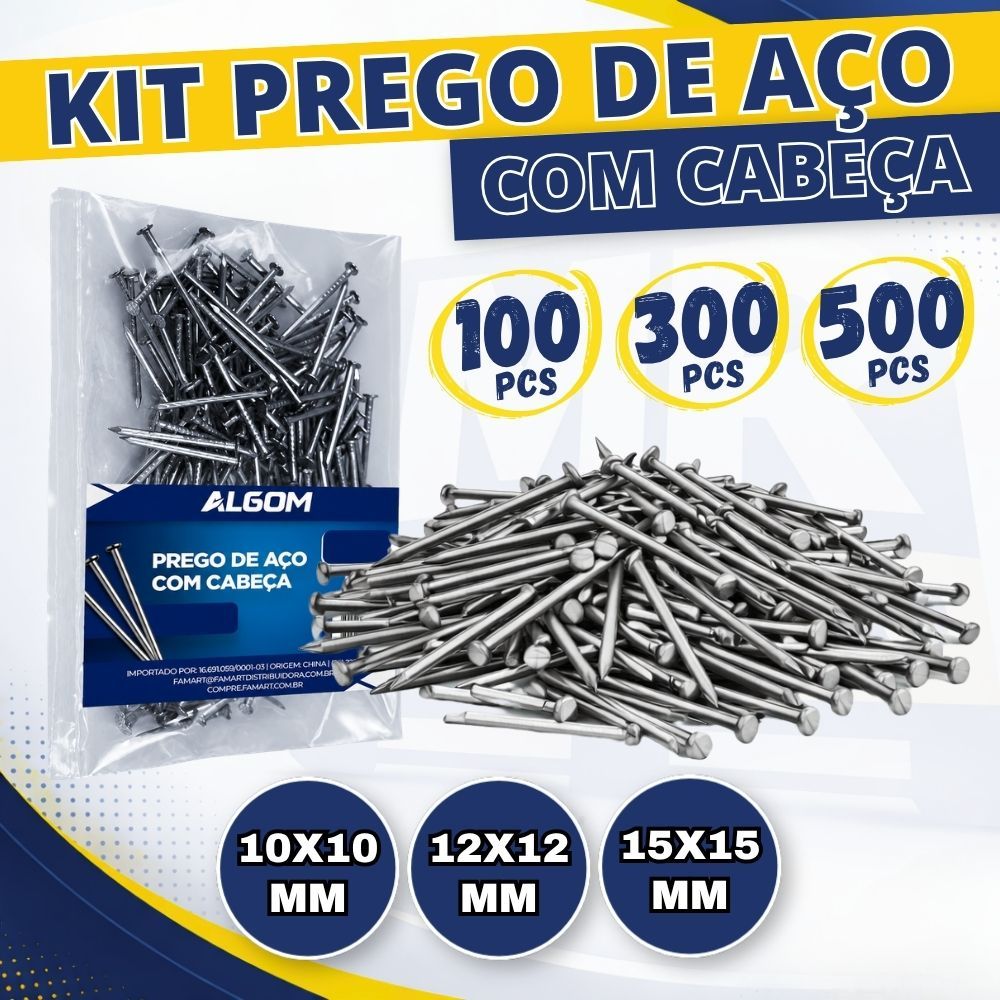 Kit Prego de Aço com Cabeça 10x10 12x12 15x15 Pacote 100, 300 ou 500 Peças