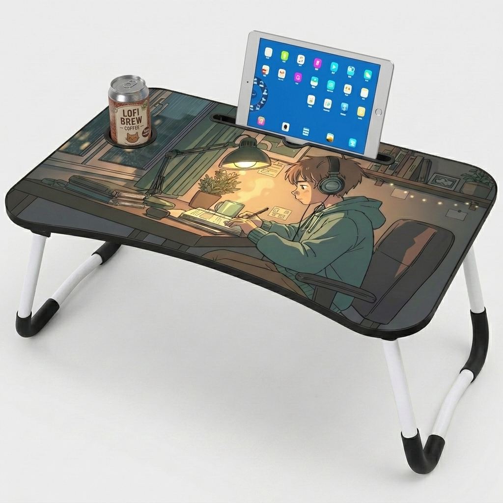 Mesa Portátil Dobrável Temática C/ Gaveta e Porta Copos - Artístico Decorativo Studio Lofi Anime - Foco Nos Estudos
