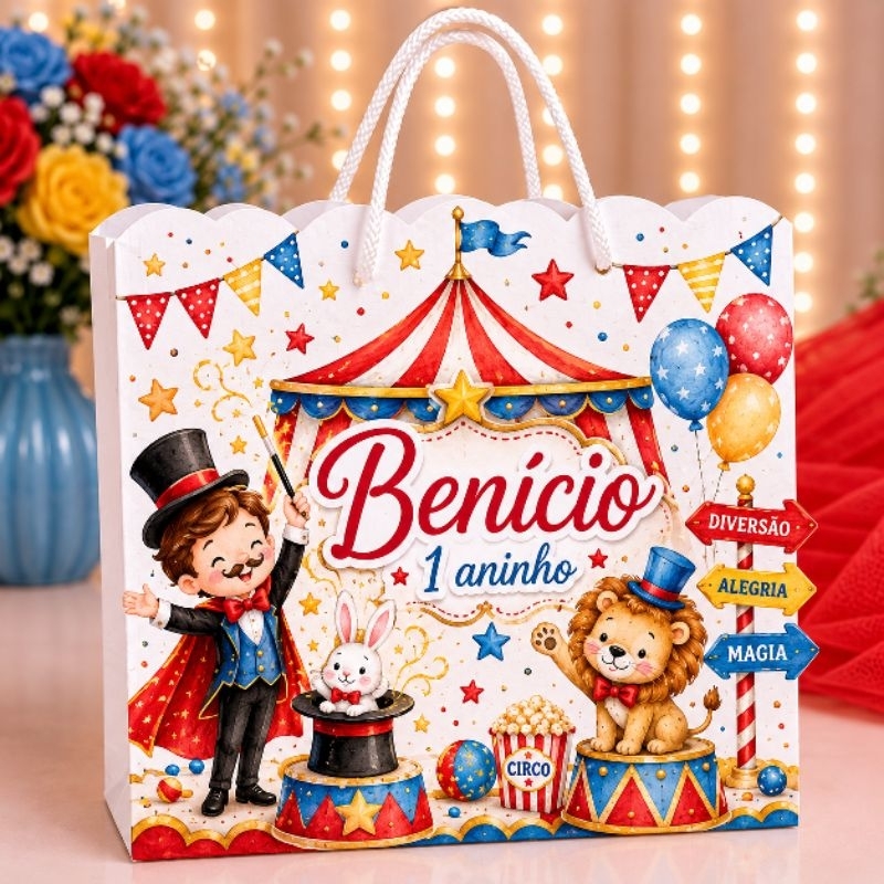 Pegue e Monte - Kit Sacolinha Surpresa Personalizada| Tema Circo Aquarela Menino Mágico| Lembrancinha Festa Infantil