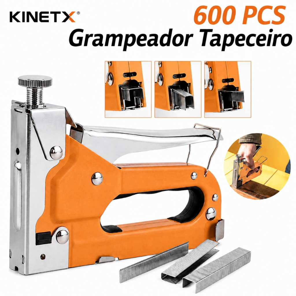 Kit 600 Grampos + Grampeador Tapeceiro Profissional 3 em 1 Aço Reforçado Regulável para Madeira Sofá Estofado