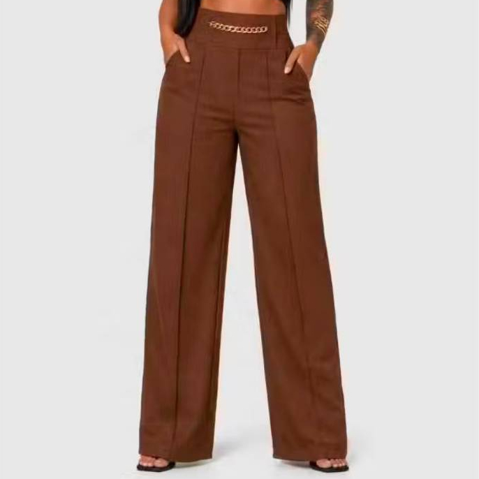 Calça Pantalona Social Feminino De Linho Com Cinto Fake e Cintura Alta e Bolsos