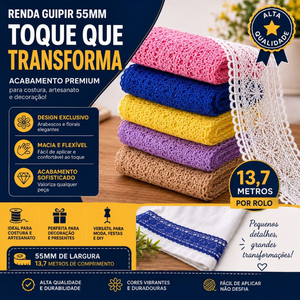 Renda Guipir 55mm Rolo 13,7m Aviamento para Costura Artesanato Vestido Festa Noiva Decoração DIY