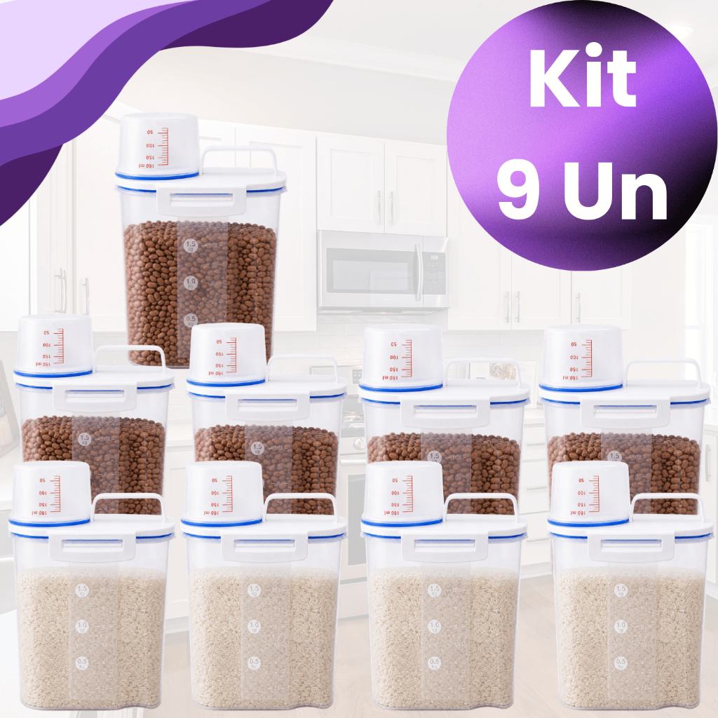 Kit 9 Potes 1,5L Dispenser Hermético P/ Mantimentos Com Bico Dosador Grãos Cereal Arroz Cozinha Organização Cozinha