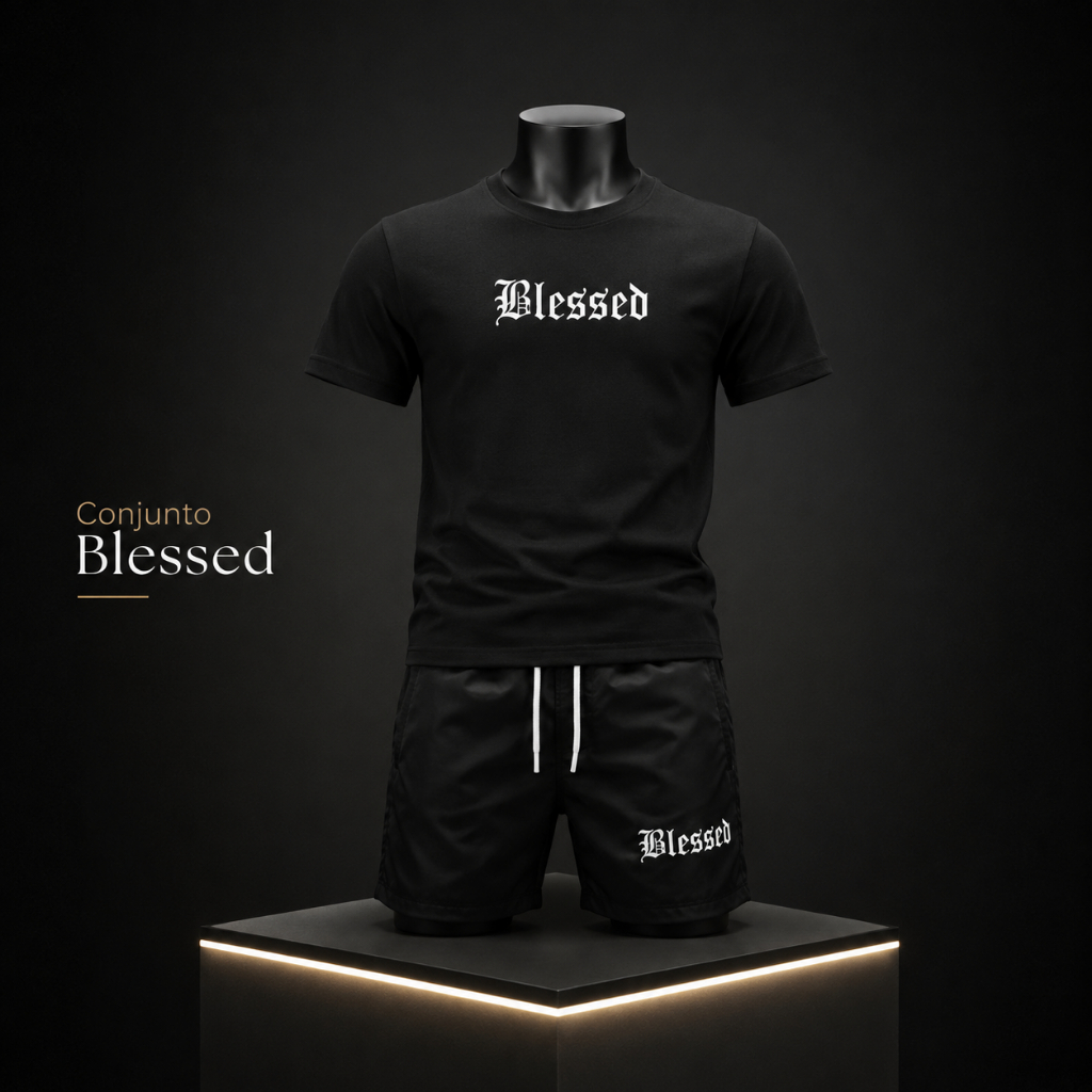 Conjunto Masculino Blessed Camiseta + Short Premium Casual Academia Treino Streetwear Confortável Preto