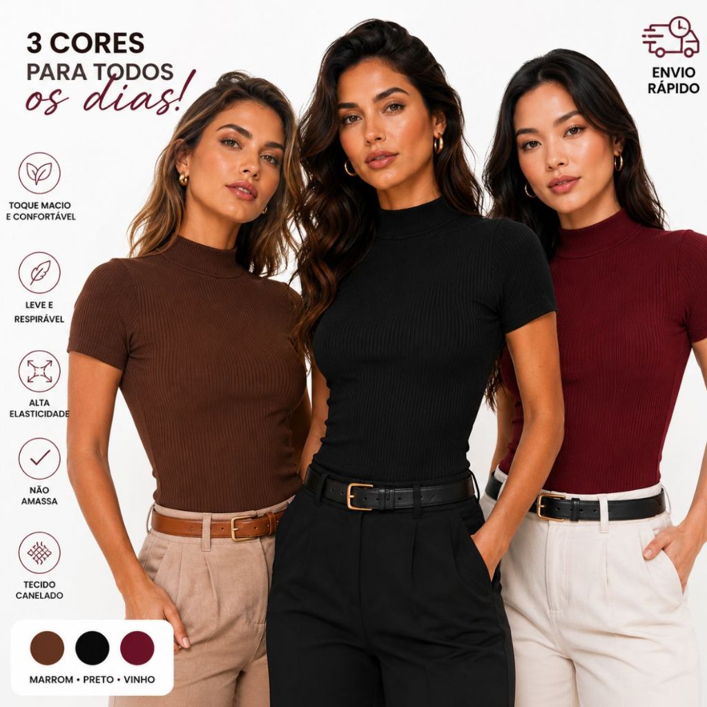 Kit 3 Camiseta Baby Look Feminina Canelada Gola Alta Manga Curta Blusinha Básica Confortável Moderna