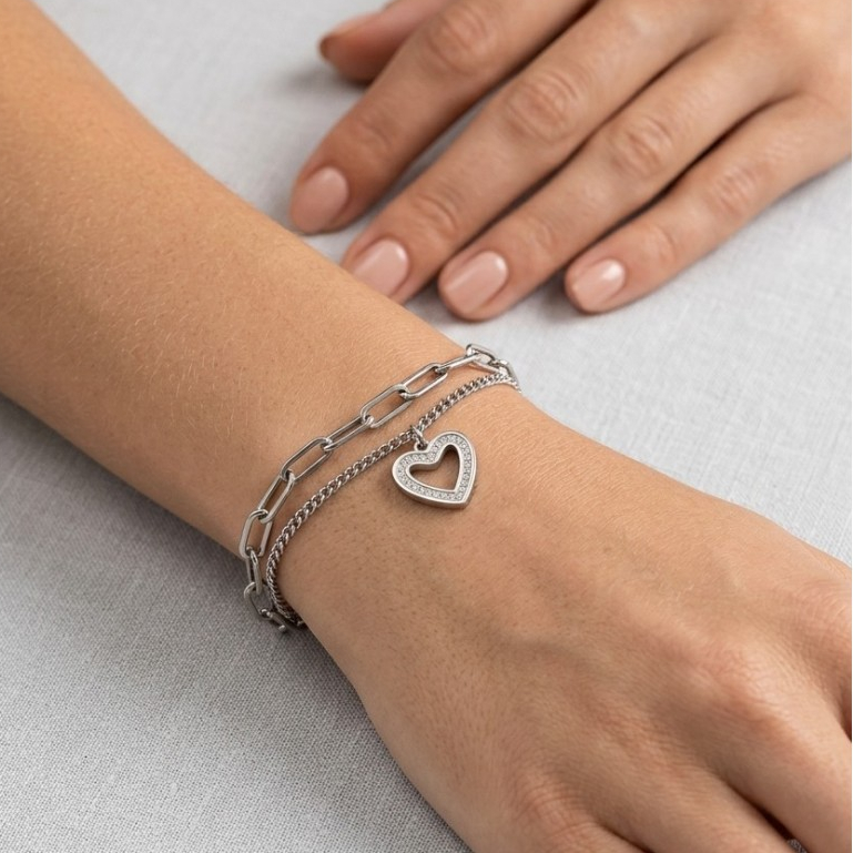 Pulseira Feminina Aço Inoxidável Pingente Coração com Zircônias Dupla Corrente Ajustável Antialérgica