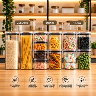 Kit de Potes Hermeticos Porta Mantimentos Empilhável em Acrílico Cristal com Vedação Blin…