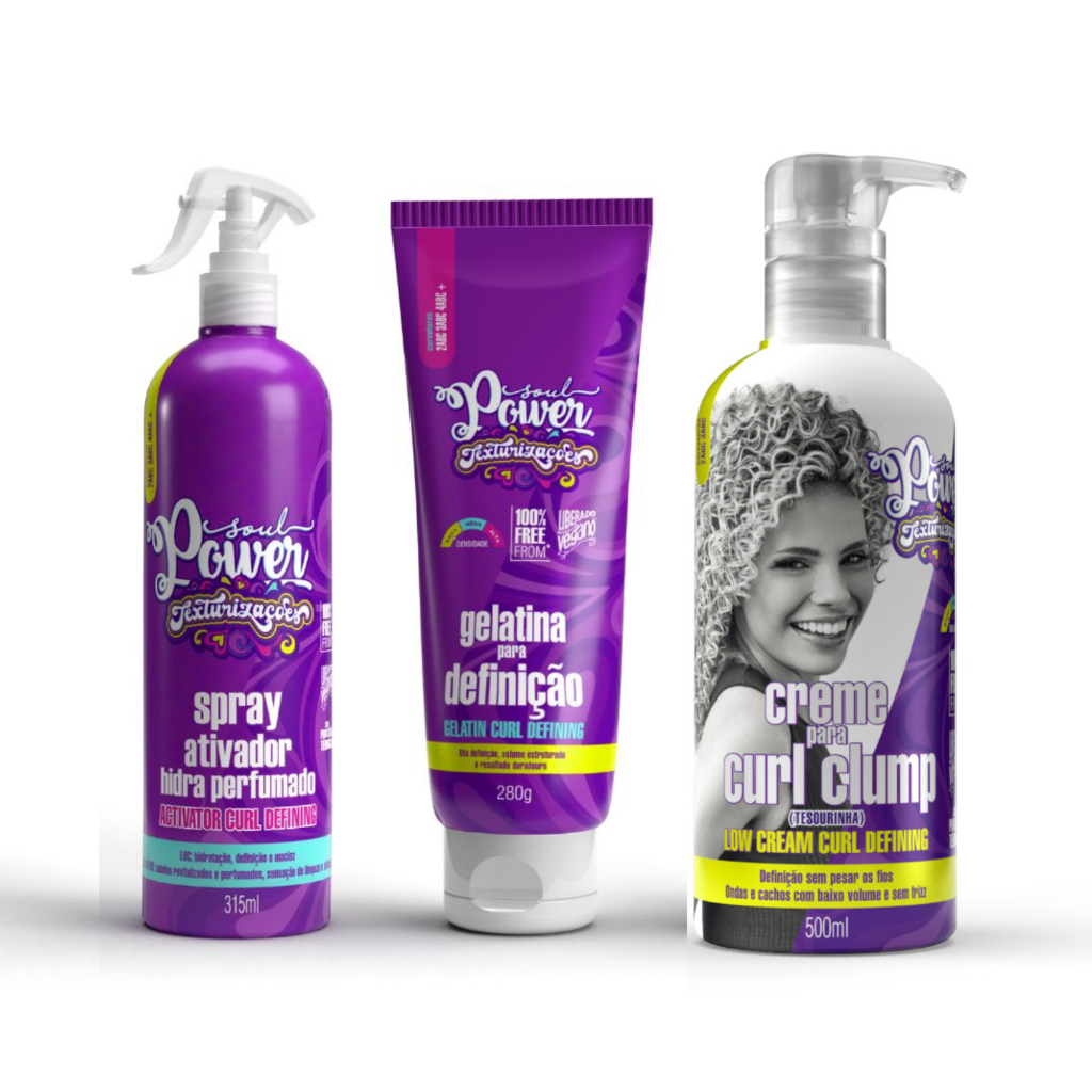 Kit Spray Perfumado + Gelatina 280g + Creme para Pentear Tesourinha 500ml Texturizações Soul Power