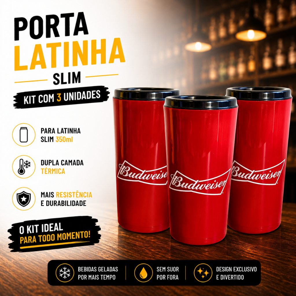 Kit 3 PORTA LATA SUPORTE SLIM 350ml CERVEJA  TÉRMICO BUDWEISER