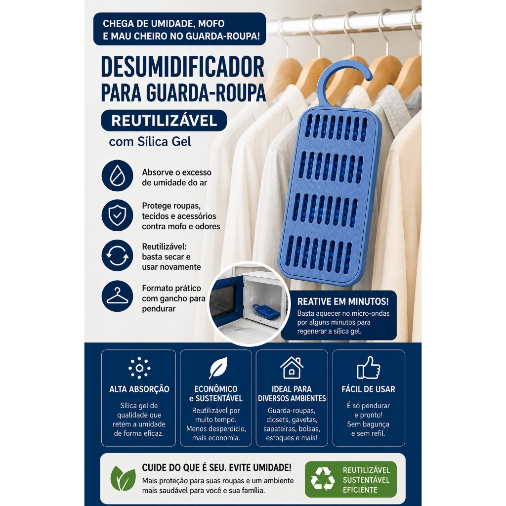 Desumidificador Reutilizável para Guarda-Roupa e Gavetas com