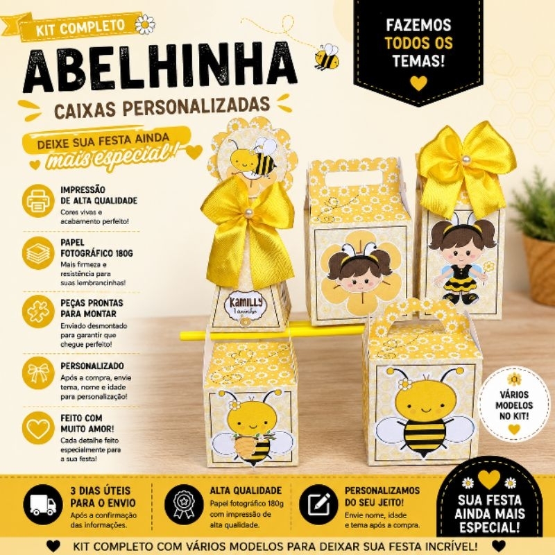 Kit Festa Personalizado Abelha|Abelhinha menina| Pegue e Monte | Caixinhas Personalizadas | Todos os Temas | Aniversário