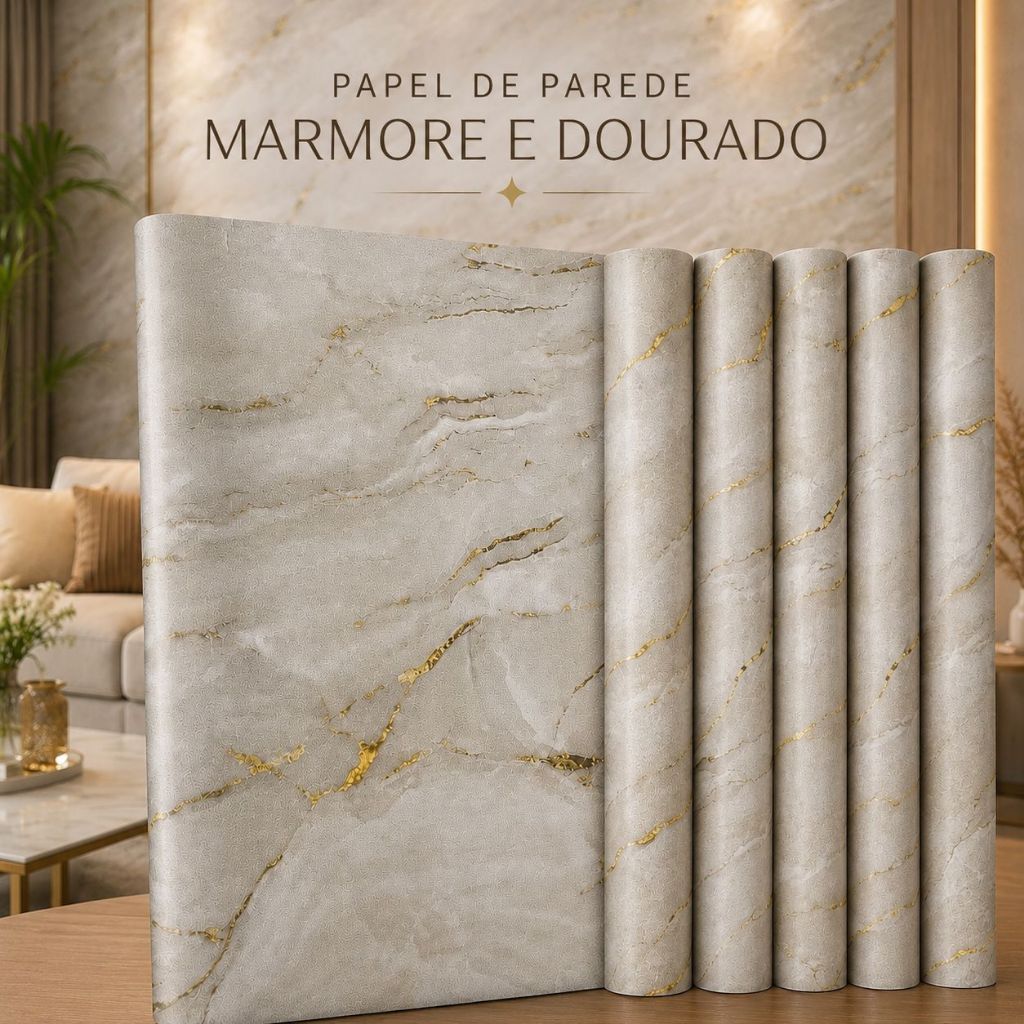 Papel de Parede Marmorizado Branco com Dourado Adesivo Lavável Autocolante Decorativo Premium Cozinha Sala Banheiro Quar