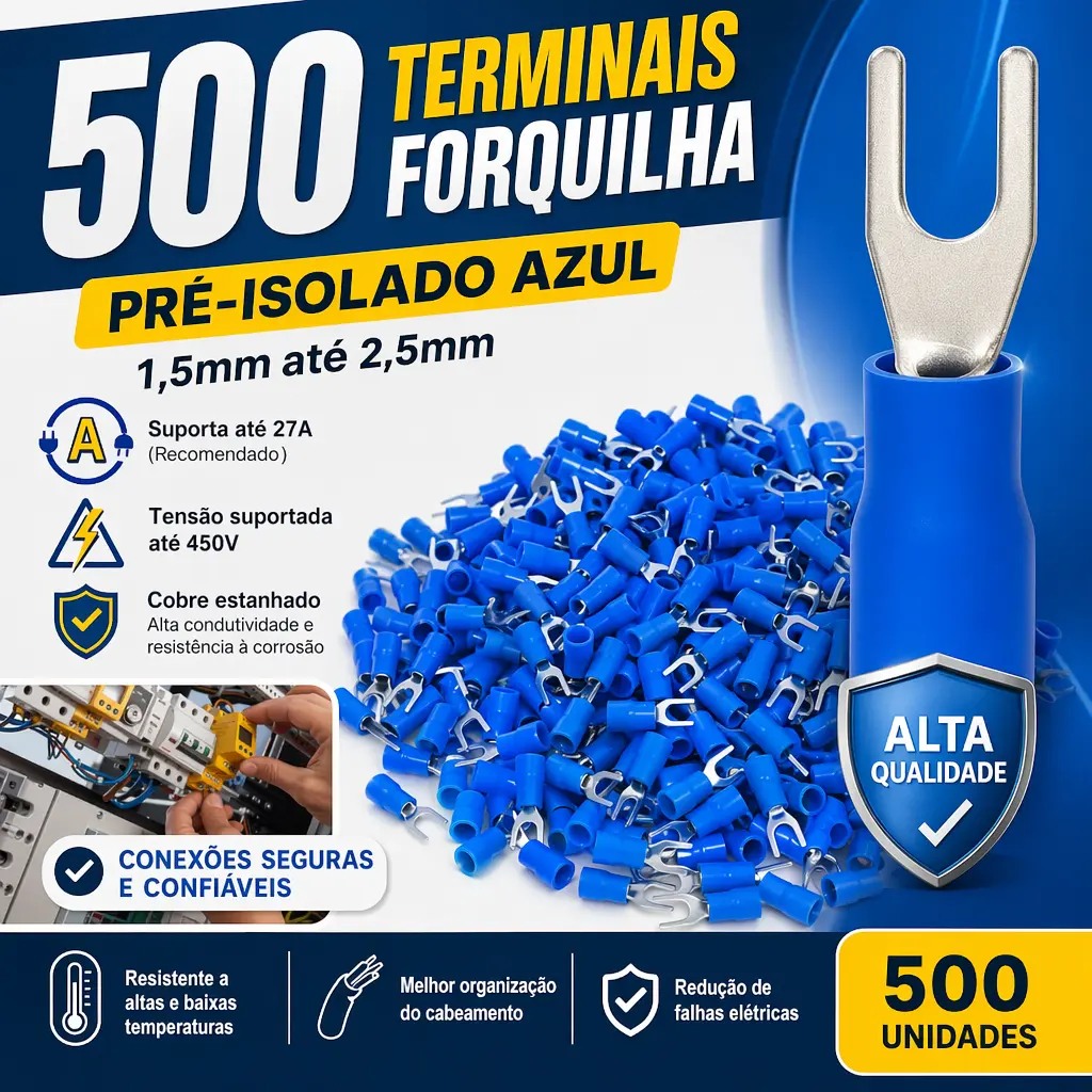 Kit 500 Terminais Garfo Pré-isolados 1,5-2,5mm - Conector Elétrico em PVC