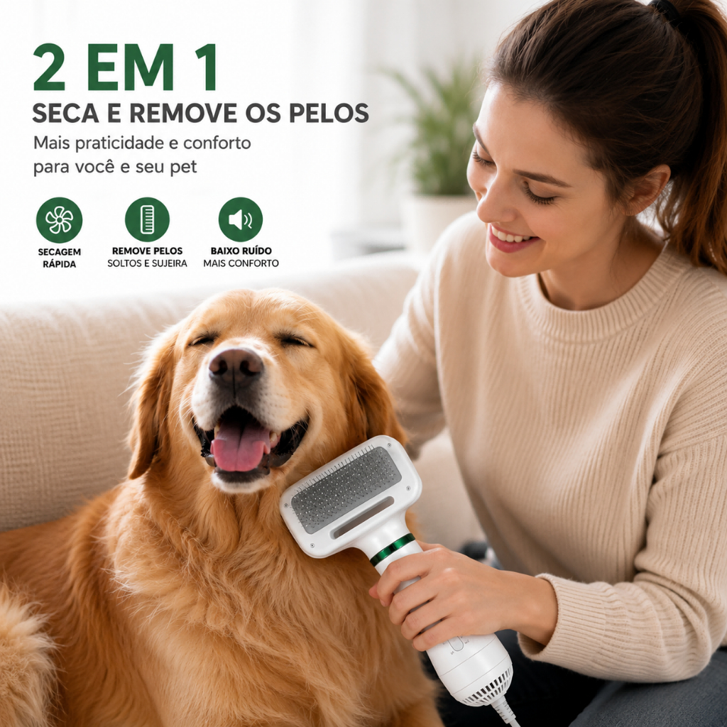 Escova Secadora Pet 2 em 1 para Cachorro Gato Removedor de Pelos Secador Silencioso 2 Temperaturas