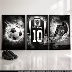 Quadro Decorativo 3 Peças Atlético Mineiro Futebol Personalizado com seu Nome
