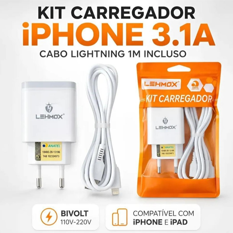 Kit Carregador De Celular Tipo C iPhone 3.1A Super Rápido Fonte e Cabo Bivolt