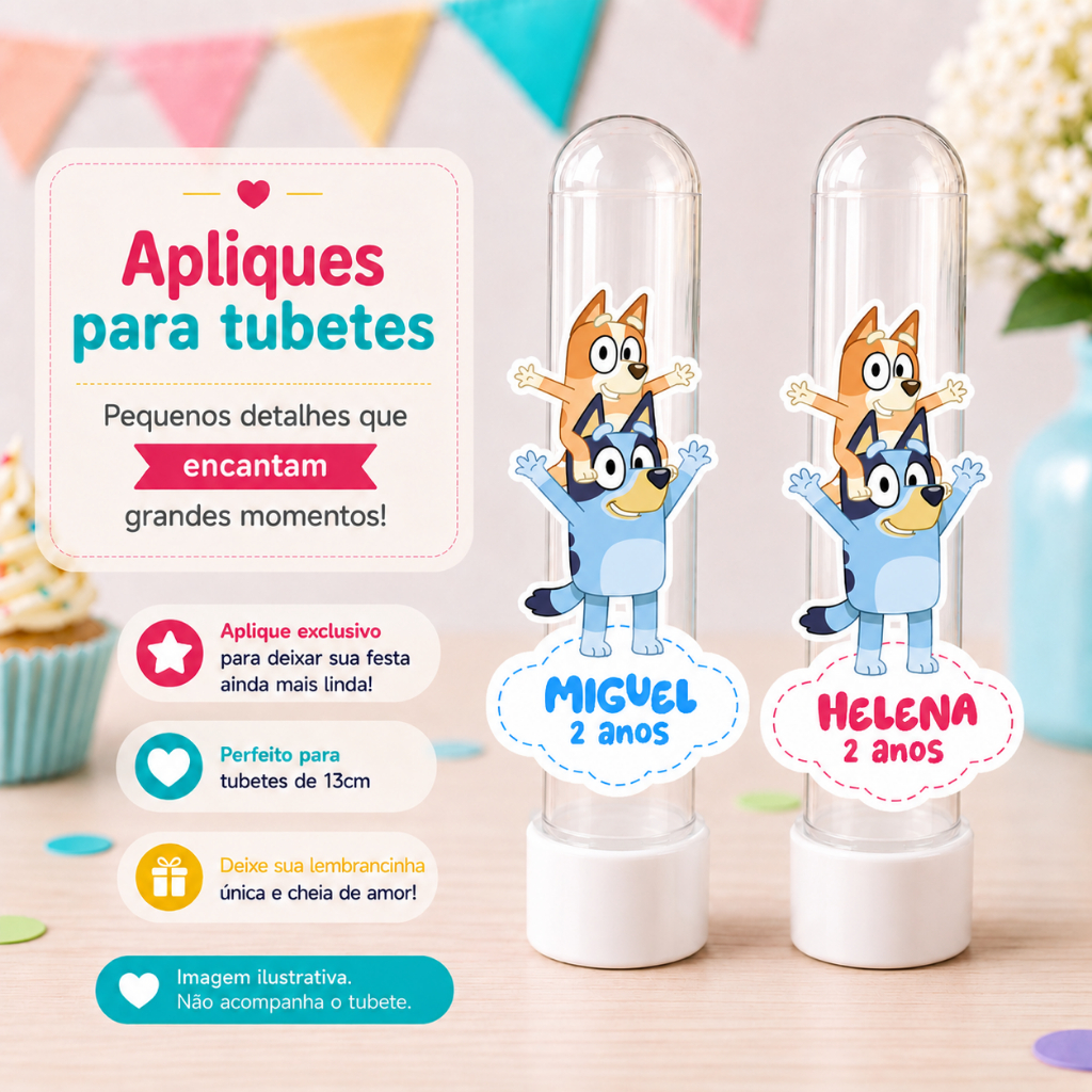 Tags Aplique para Tubete Personalizado Bluey e Bingo | Festa Infantil | Lembrancinha | Decoração de Mesa