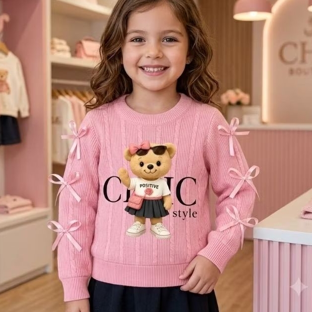 Blusa Infantil menina manga longa comprida lacinhos estampa urso moda detalhe lacinhos frio inverno