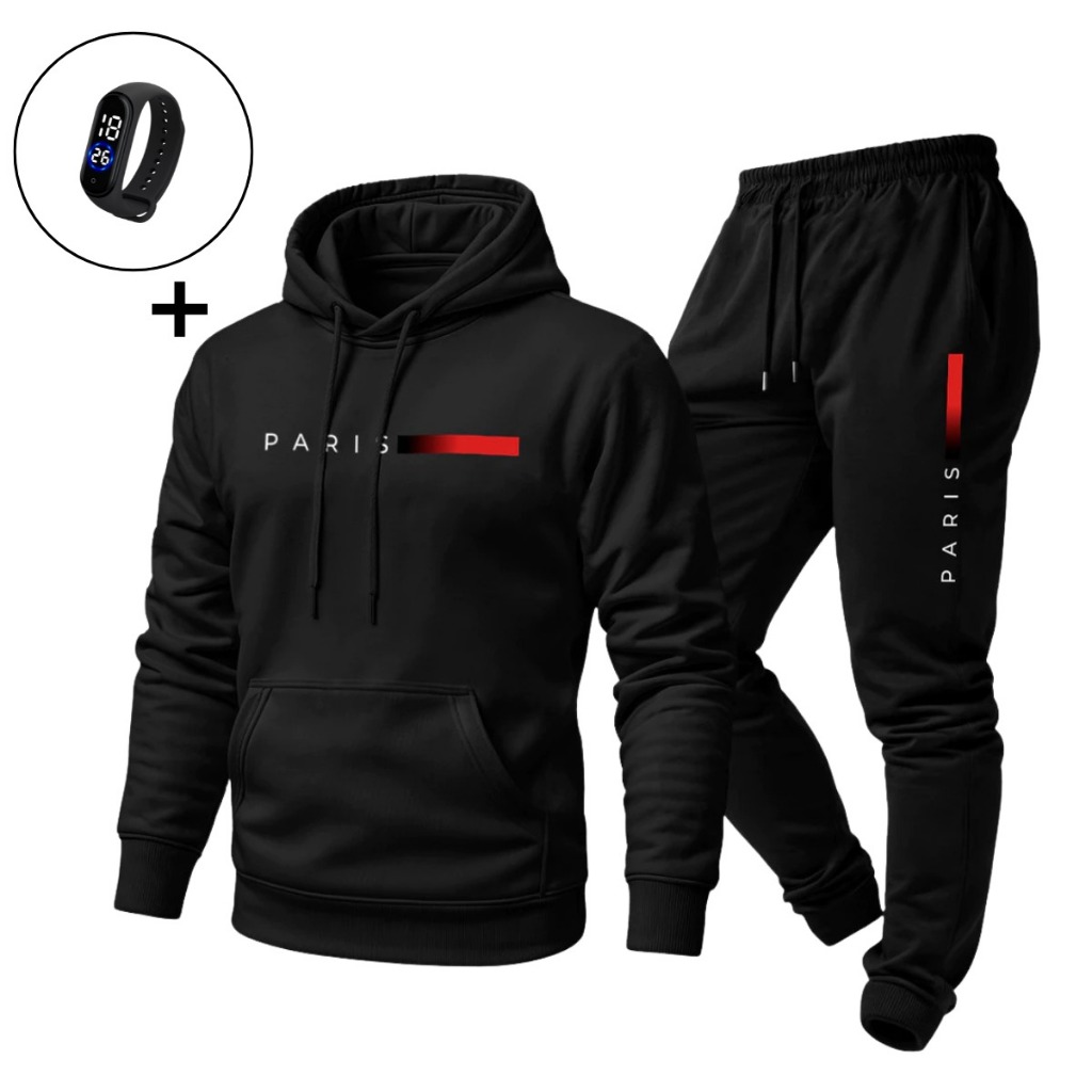 Conjunto Moletom Paris Masculino Casual Quente Confortável para Inverno com Relógio Digital