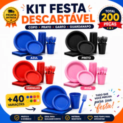 Kit Descartável Completo 200 Peças Coloridas – Descartáveis para Aniversário e Eventos
