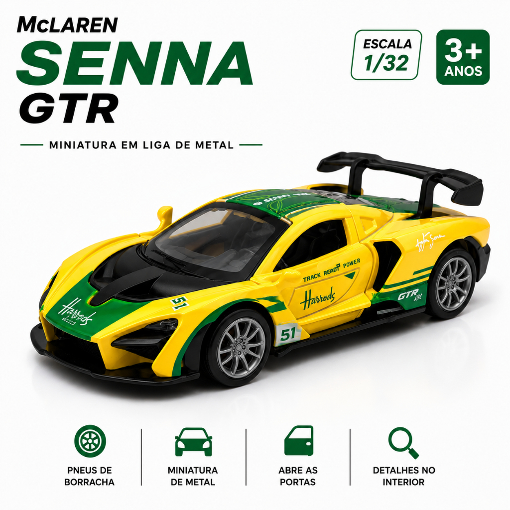 Miniatura McLaren Senna Brasil Escala 1:32 Metal Fricção Abre Porta Edição Copa do Mundo Colecionar