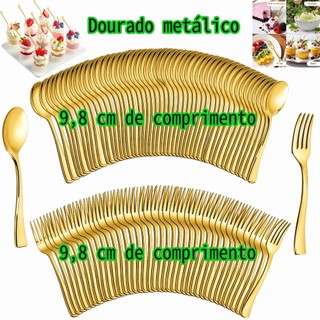 Kit Mini Garfos e Mini Colheres descartáveis plástico Dourado para festa, pudin, sorvete e aperitivo