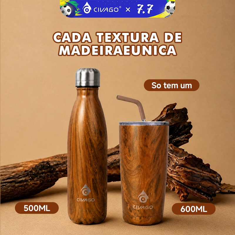 CIVAGO Copo Térmico Inox 500-600ml Acabamento em Textura de Madeira com Tampa e Canudo para Bebidas Quentes e Frias