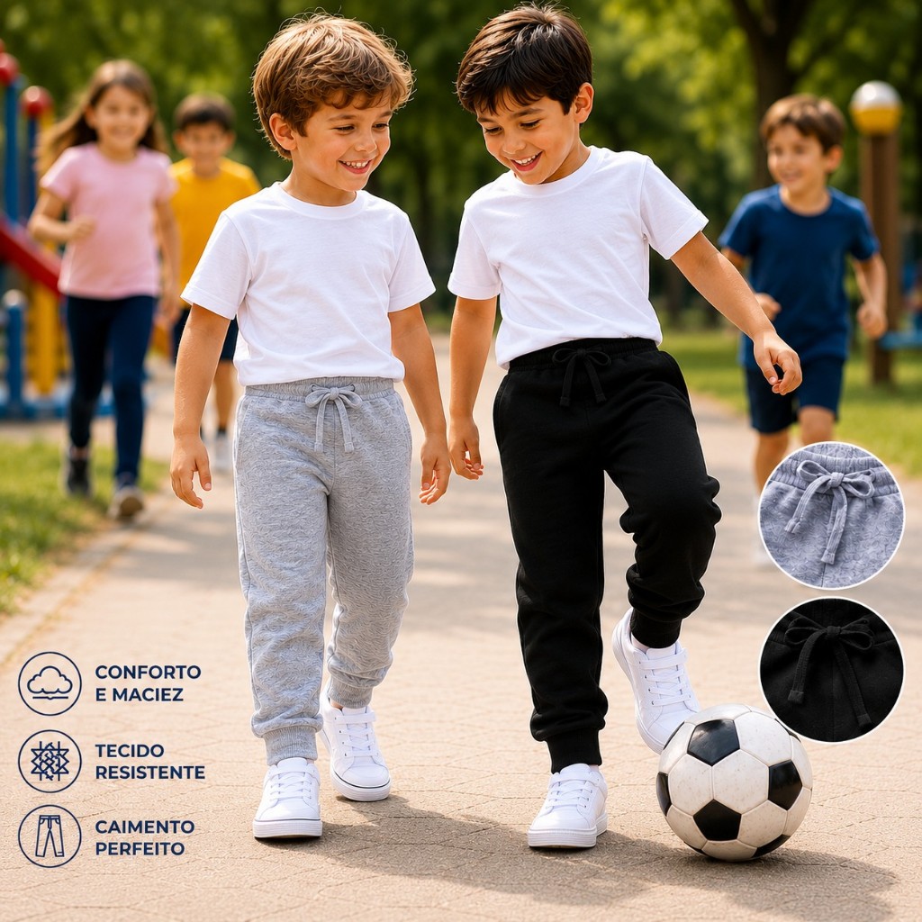 Kit 2 Calças Infantil Moletom Jogger Flanelada Premium Cós Elástico Cordão Ajustável Punho Ribana Inverno
