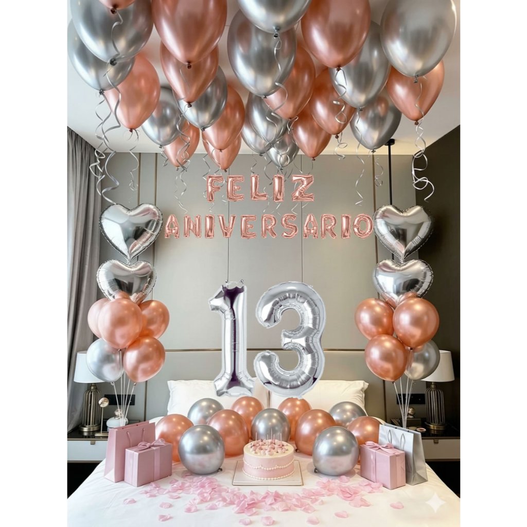 Kit de Balões metalizado coração estrela  nome Feliz Aniversário rose Gold - Decore sua Para Festas