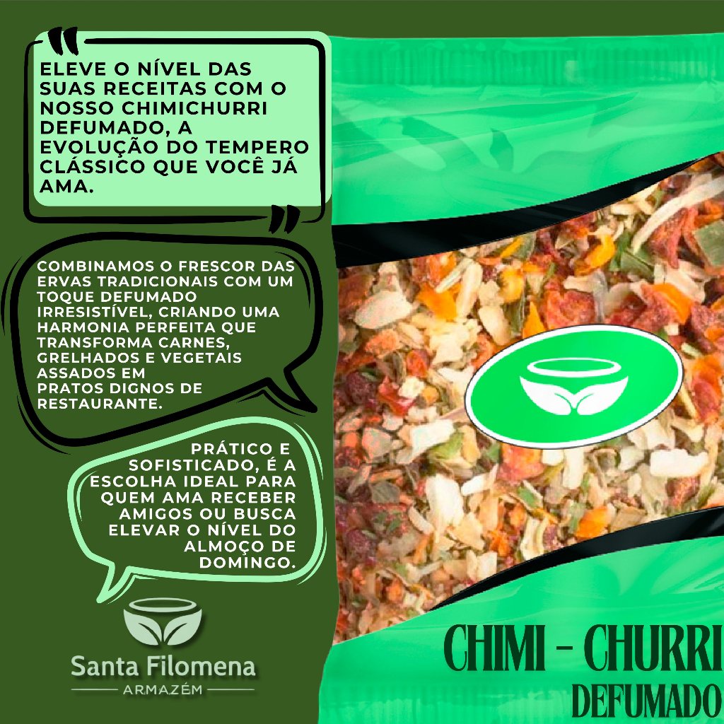 Chimichurri Defumado: Mix de ervas com toque defumado, ideal para realçar carnes e grelhados gourmet.