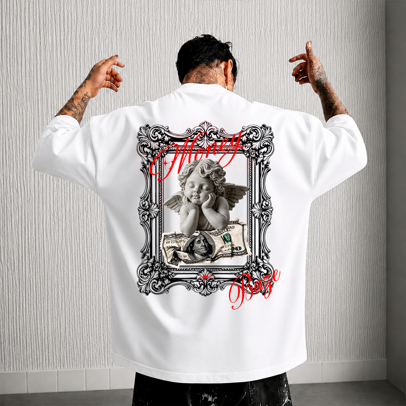 Camiseta Oversized algodão 30.1 Masculina streetwear Estampado Money Angel  Baze Style Lançamento
