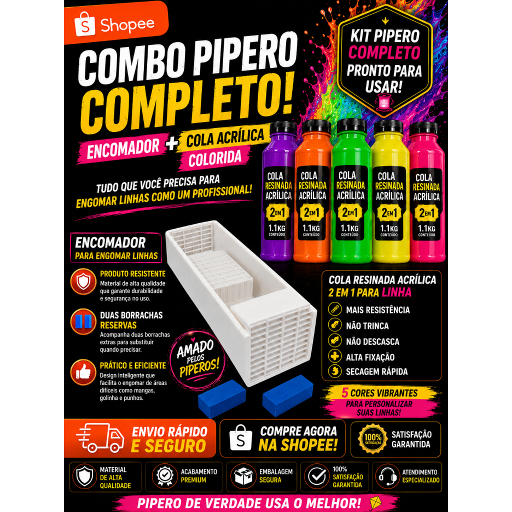 Kit Pipero Completo – Encomador + Cola Resinada Acrílica Colorida para Linhas de Pipa